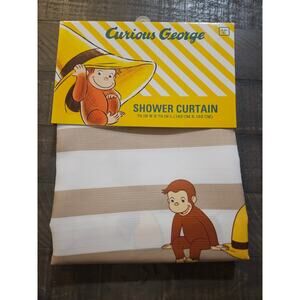 Curious George Fabric Shower Curtain 72 x 72 NWT Yellow White and Beige Stripes